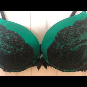 Green satin with black and gold lace push up bra